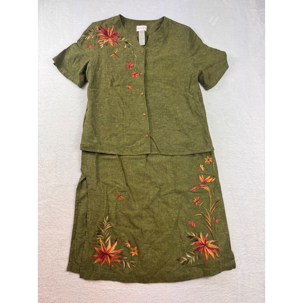 Koret Womens Olive Green Linen Blend Floral Embroidered Skirt Set Size M